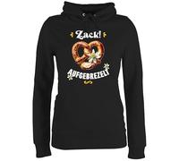 Pullover Hoodie Frauen - Kompatibel Oktoberfest - Zack aufgebrezelt Brezel mit Edelweiß I Trachtenshirt Volksfest Trachten Outift Damen Trachtenoutfit Herren - S - Schwarz - trachtenhoody bayrische