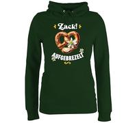 Pullover Hoodie Frauen - Kompatibel Oktoberfest - Zack aufgebrezelt Brezel mit Edelweiß I Trachtenshirt Volksfest Trachten Outift Damen Trachtenoutfit Herren - M - Dunkelgrün - trachtenhoody