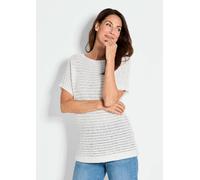 Rundhalspullover GOLDNER "Kurzgröße Kurzarm-Pullover mit Rippen", Damen, Gr. 22, beige (cremeweiß), Obermaterial: 60% Polyester PES. 40% Baumwolle CO., normal, Rippe, Pullover Rundhalspullover, Rippen