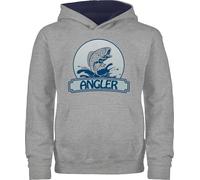 Pullover Kinder Hoodie Jungen Mädchen - Angeln - Angler Button - 140 (9/11 Jahre) - Grau meliert/Navy Blau - geschenk für fischer geschenke fischen fisch kinderpulli angelbekleidung junge angel