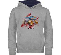 Pullover Kinder Hoodie Jungen Mädchen - Auto - Monstertruck mit Name | Monster Truck Personalisiert | Riesentruck - 128 (7/8 Jahre) - Grau meliert/Navy Blau - Cars automotiv Pulli Autos Motiv