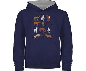 Pullover Kinder Hoodie Jungen Mädchen - Einhörner - Pferde Reihe - 116 (5/6 Jahre) - Navy Blau/Grau meliert - einhorn pferd pulli einhörnern pferden kinderpullover unicorns motiv kuschelpullover