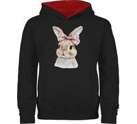 Pullover Kinder Hoodie Jungen Mädchen - Hase - Aquarell Hasenkopf mit Schleife - Kaninchen Deko Ostergeschenke Osterdeko - 152 (12/13 Jahre) - Schwarz/Rot - osterhasen hasenmotiv osterhase hasen