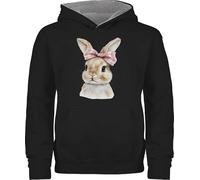 Pullover Kinder Hoodie Jungen Mädchen - Hase - Aquarell Hasenkopf mit Schleife - Kaninchen Deko Ostergeschenke Osterdeko - 152 (12/13 Jahre) - Schwarz/Grau meliert - osterhasen hasenmotiv osterhase