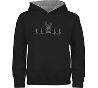 Pullover Kinder Hoodie Jungen Mädchen - & - Herzschlag Heavy Metal Handzeichen Pommesgabel I Metalfan Geschenk Metal Head I Rockiges Geschenk Rocker I Rock Fan - 152 (12/13 Jahre) - Schwarz/Grau