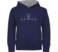 Pullover Kinder Hoodie Jungen Mädchen - & - Herzschlag Heavy Metal Handzeichen Pommesgabel I Metalfan Geschenk Metal Head I Rockiges Geschenk Rocker I Rock Fan - 116 (5/6 Jahre) - Navy Blau/Grau
