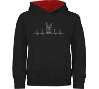 Pullover Kinder Hoodie Jungen Mädchen - & - Herzschlag Heavy Metal Handzeichen Pommesgabel I Metalfan Geschenk Metal Head I Rockiges Geschenk Rocker I Rock Fan - 140 (9/11 Jahre) - Schwarz/Rot