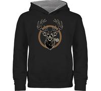 Pullover Kinder Hoodie Jungen Mädchen - Kompatibel mit Oktoberfest Trachtenshirt - Cooler Hirsch Hirschgeweih Jäger - 152 (12/13 Jahre) - Schwarz/Grau meliert - bayrisch hirsche pulli bayern