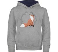 Pullover Kinder Hoodie Jungen Mädchen - Tiermotiv Animal Print - Fuchs Fox Gechenk - 104 (3/4 Jahre) - Grau meliert/Navy Blau - mit Tiere tiermotive Kita Kapuzenpulli Fuchs+Pullover+Kinder