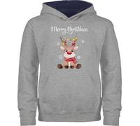 Pullover Kinder Hoodie Jungen Mädchen - Weihnachten Geschenke - Merry Christmas süßes Rentier | Rudolph Elch Rudolf - 116 (5/6 Jahre) - Grau meliert/Navy Blau - Weihnachts-Hoodie
