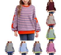 Pullover Mädchen Oversize Gestreifte Rundhals Sweatshirt Baumwolle Gestreiftes Bunte Langarmshirt Sportlich Bequem Langarm Oberteile Rippensaum Klassisch Hoodie (Red, 13-14 Years)