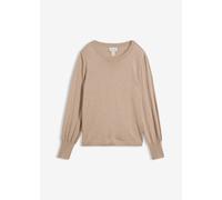 Strickpullover BONPRIX, Damen, Gr. 36/38 (S), beige (beige meliert), Feinstrick, Obermaterial: 70% Viskose, 30% Polyamid, unifarben, bequem hüftlang, Rundhals, weit extrabreites Bündchen, Pullover Str