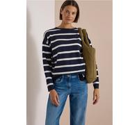 Streifenpullover CECIL, Damen, Gr. S (38), blau (urban dunkelblau melange), Feinstrick, 33% Polyester, 31% Polyacryl, 24% Baumwolle, 12% Polyamid, gestreift, comfort fit normal, U-Boot-Ausschnitt, Bün