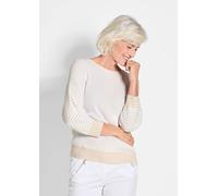 Rundhalspullover GOLDNER "Baumwollmix mit Fledermausärmeln und Rippstruktur", Damen, Gr. 36/38, beige (beige, weiß, gestreift), Obermaterial: 55% Baumwolle CO. 45% Viskose CV., figurumspielend, U-Boot