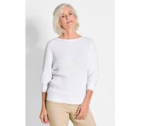 Rundhalspullover GOLDNER "Baumwollmix mit Fledermausärmeln und Rippstruktur", Damen, Gr. 40/42, weiß, Obermaterial: 55% Baumwolle CO. 45% Viskose CV., figurumspielend, Rippe, Pullover Rundhalspullover