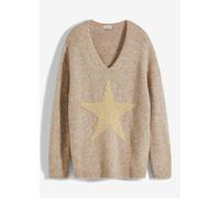 Strickpullover BONPRIX "Pullover mit Stern", Damen, Gr. 52/54 (XXL), braun (camel), Strick, Obermaterial: 53% Polyacryl, 22% Polyester, 15% Polyamid, 7% Wolle, 3% metallisierte Fasern, Glitzermuster,