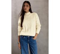 Strickpullover STREET ONE STUDIO, Damen, Gr. 44, beige (soft beige), Web, Stoff, 35% Baumwolle, 32% Polyacryl, 28% Polyester, 5% Elasthan, unifarben, casual, normal normal, hoch geschlossener Ausschni