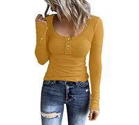 Pullover rot Damen,Women's Long Sleeve Ribbed T-Shirts Crew Neck Slim Fit Henley Top Elegant Tight Stretch Pullover Autumn Casual Button Down Going Out Tunic Blouse Y2K Sexy Basic Plain Tops Yellow