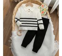 Pullover-Set für Kleinkinder, schwarz-weiß gestreifter Strickpullover mit Kragen, 2 Stücke Outfit, preppy, marineblauer Stil, locker geschnitten, geei