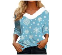 Pullover Weihnachten Geschenke Frauen Unterhemden Damen Weihnachts Pyjama Druck Plüsch V-Ausschnitt 3/4 Ärmel Basic T-Shirt Xmas Oversize Oktoberfest Tshirt