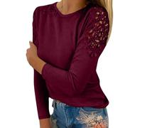 Pullover weiß Damen,Blouse Women's Elegant Stretch Pullover Crew Neck Lace Long-Sleeved Shirt Plain Hollow Flowers Slim Fit Chic Office Casual Tops Y2K Party Clubwear Spring Fall Basic T-Shirt Wine