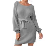 Pulloverkleid Damen - Lockeres, Träges, Faules Damenkleid Im Herbst- Und Winterstil Mit Rundhalsausschnitt, Pullover, Gürtel, Einfarbig, Langärmeliges Wollkleid, Grau M
