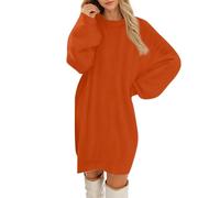 Pulloverkleid Damen Strickkleid Winterkleid Modische Knielang Wollkleid Langarm Rundhals Sweatkleid orange S