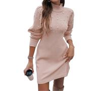 Pulloverkleid Damen Winter Strickkleid Damen Kurz A Linie Winterkleid Elegant Mit Perlen Rollkragen Strick Pullikleid Oversize Warm Kleider Langarm Gestricktes Kleid Frauen Herbstkleid Schick