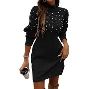 Pulloverkleid Damen Winter Strickkleid Damen Kurz A Linie Winterkleid Elegant Mit Perlen Rollkragen Strick Pullikleid Oversize Warm Kleider Langarm Gestricktes Kleid Frauen Herbstkleid Schick