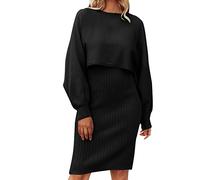 Pulloverkleid für Frauen Damen Langarm Lazy Stil Mode Solid Strickkleid Zweiteilig mittellang Wollkleid, Schwarz , Einheitsgröße