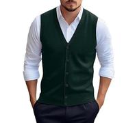 Pulloverweste für Herren, Herren Pullover Strickweste Dicker Wollmischung Pulli Ärmellos Strickjacke mit Knöpfen V-Ausschnitt Weste Business Pullover Strickwaren Herbst Winter Wollweste Grün Xl