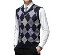 Pulloverweste für Herren, Herren Strickpullover Ärmellos Weste Warmer Pulli Wollmischung Argyle Pullover V-Ausschnitt Weste Business Gentleman Strickmode Herbst Winter Wollweste für Männer Marin