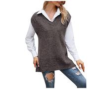 Pullunder Ärmellose Strickweste Frühling Herbst Damen Casual Sweater Vest Strickpullover Elegante Trendiger Pullover Strickpulli Longweste Einfarbig Lang V-Ausschnitt Strickpullunder Streetwear Top