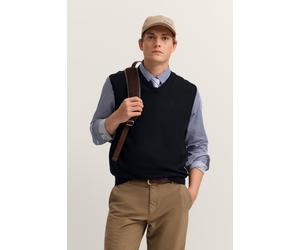 Pullunder BUGATTI "Regular Fit", Herren, Gr. L, blau (390, marine), Strick, 95% Baumwolle, 5% Kaschmir, unifarben, regular fit, V-Ausschnitt, Rippbündchen, Pullover Pullunder, mit V-Ausschnitt aus Bau