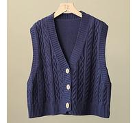 Pullunder Damen Ärmellos,Damen Kurze Strickwesten Vintage Einfarbig Kabelstrick Jacquard V-Ausschnitt Herbst Locker Gemütlich Ärmellos Knopf Strickjacke Weste Strick Tank Top Damen Weste,Marineblau