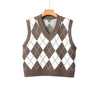 Pullunder Damen Ärmellos,Damen Strickpullover Weste Klassischer Preppy Style Argyle Karierter Kontrast V-Ausschnitt Herbst Winter Warmer Lockerer Ärmelloser Pullover Gilets Pullover Stricken Tank