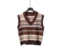 Pullunder Damen Ärmellos,Damen Strickpullover Weste Vintage Weihnachten Schneeflocken Geometrie Streifen Jacquard V-Ausschnitt Herbst Winter Warmer Ärmelloser Pullover Gilets Pullover Stricken Tan