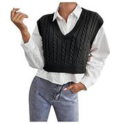 Pullunder Damen äRmellos Kurz, Sweater Jacke Damen Oversized Strickpullover Elegant Zopfmuster Pullover V-Ausschnitt Strickweste Preppy-Style Weste Casual Strick-Pullunder Herbst Winter Warm Pulli