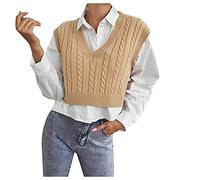 Pullunder Damen äRmellos Kurz, Sweater Jacke Damen Oversized Strickpullover Elegant Zopfmuster Pullover V-Ausschnitt Strickweste Preppy-Style Weste Casual Strick-Pullunder Herbst Winter Warm Pulli