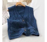 Pullunder Damen,Damen Strickpullover Weste Vintage Einfarbig Verdicken Zopfstrick V-Ausschnitt Herbst Winter Warm Weich Ärmellose Tasche Knöpfe Strickjacke Pullover Tank Top Cami Weste Bluse,Blau