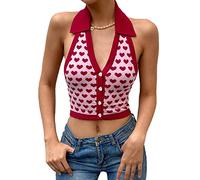 Pullunder Damen,Frauen Gestrickte Crop Tops Modetrend Rotes Herz V-Ausschnitt Halter Strickweste Sommer Sexy Dünnes Ärmelloses Rückenfreies Leibchen Knopf Cardigan Tank Top Für Mädchen Streetwe