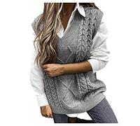 Pullunder Damen V-Ausschnitt Sweater Weste Zopfmuster Strickweste Casual Ärmellose Strickpullover Herbst Winter Tank Top Locker Stricken Sweatshirt Weste Business Freizeit Pullunder Tops (Grau, XL)