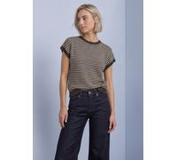 Pullunder STREET ONE, Damen, Gr. 44, braun (schwarz coffee), Web, 70% Baumwolle, 30% Polyester, gestreift, comfort fit normal, Rundhals, Rippbündchen, Pullover Pullunder, mit Rundhalsausschnitt (72141