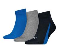 Kurzsocken PUMA "PUMA UNISEX LIFESTYLE QUARTER 3P", Damen, Gr. 35-38, blau (1x schwarz, 1x grau, meliert, 1x blau), Baumwollmischung, Baumwolle, Elasthan, unifarben, meliert, elastisch, Socken, mit ku