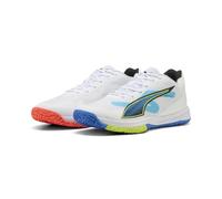 PUMA Accelerate Turbo 4 Game on Hallenschuh, Unisex, Puma Weiß, leuchtendes Rot, Ultrablau, 47 EU