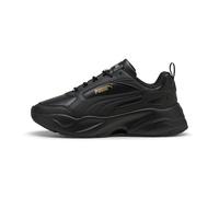 Sneaker PUMA "Cassia 2.0 Sneakers Damen", Damen, Gr. 42, schwarz (schwarz gold), Obermaterial: Textil, Synthetik, Leder. Futter: Textil. Innensohle: Textil. Laufsohle: Gummi, Schuhe Sneaker (36607569-