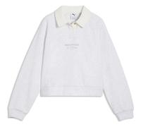 Sweatshirt PUMA "CLASS RELAXED SHORT LENGHT LONGSLEEVE POLO FL G", Mädchen, Gr. 176, weiß (weiß glow heather), Fleece, Obermaterial: 68% Baumwolle, 32% Polyester, bedruckt, relaxed fit kurz, Rundhals,