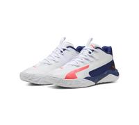 Basketballschuh PUMA "Dagger 2 Mid Basketballschuhe Erwachsene", Herren, Gr. 44,5, weiß pink alert elektro blau, Obermaterial: Synthetik, Textil; Futter: Textil; Innensohle: Textil; Laufsohle: Gummi,