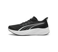 Trainingsschuh PUMA "Darter Pro 2 Laufschuhe Erwachsene", Damen, Gr. 44,5, schwarz-weiß (schwarz silber weiß metallic), Obermaterial: Synthetik, Textil. Futter: Textil. Innensohle: Textil. Laufsohle: 