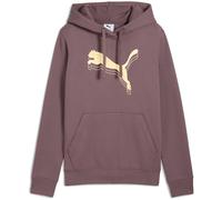 Kapuzensweatshirt PUMA "ESS METALLIC HOODIE FL", Damen, Gr. S, raisin, metallic gold, Fleece, Obermaterial: 68% Baumwolle, 32% Polyester, bedruckt, regular fit normal, Rundhals, Sweatshirts (23282709-